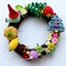 Colorful Christmas wreath handmade ornament for garland from pine tree, flower, fruit, leaf, wonderful craft decoration