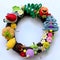 Colorful Christmas wreath handmade ornament for garland from pine tree, flower, fruit, leaf, wonderful craft decoration