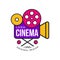 Colorful cinema or movie company logo design with retro camera with reels. Cinematography industry label concept. Flat