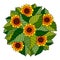 Colorful circle floral ornament with sunflowers and leaves in gypsy style
