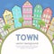 Colorful city background, abstract stylized houses card, banner, cover. Multicolored European houses in row, blue sky, lawn,