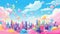 A colorful cityscape with an abundance of floating balloons in the sky. Generative ai