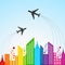 Colorful cityscape scene with aeroplane