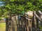 Colorful clay pots hanging on the fence