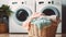 Colorful Clean, Vibrant Pastels Enhance the Laundry Experience with Washing Machine and Basket in Focus. Generative AI