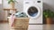 Colorful Clean, Vibrant Pastels Enhance the Laundry Experience with Washing Machine and Basket in Focus. Generative AI