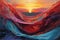 Colorful cloth weaved abstract painting over a sunset background, with dreamlike realism and flowing draperies. Perfect for decor