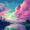 Colorful Clouds Over River: 8-bit Pixel Art Painting