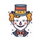 Colorful clown illustration cheerful smiling, wearing top hat bow tie. Circus performer vector