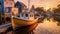 Colorful Coastal Charm: Fishing Boat at Dock with Vibrant Buildings in Background