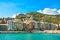 The colorful coastal village of Porto Venere, Italy, on the Ligurian coast, with it`s sidewalk cafes, shops and marina