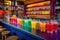 colorful cocktail bar with a variety of drinks, ice cubes, and mixers