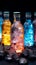 Colorful cocktail bottles nestled amidst a bed of sparkling, multicolored ice