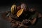 Colorful cocoa pods on dark table. Healthy vegan superfood. Ai generated art