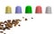 Colorful coffee capsules and coffee beans