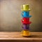 Colorful coffee cups on wooden table