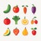 Colorful collection of various vegetables and fruits, flat design. Assorted healthy food icons, cartoon style. Nutrition