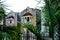 Colorful colonial houses with balconies behind blurred tropical palm trees, Merida, Yucatan, Mexico