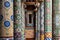 Colorful columns with floral pattern on the terrace of Palau de la Musica Opera in Barcelona, Spain