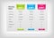 Colorful comparison pricing table template