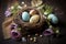 A Colorful Composition of Decorated Easter Eggs in Wood Background