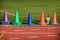 Colorful cones on a sports track
