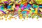 Colorful confetti and paper streamers isolated on white background, party and carnival