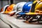Colorful construction safety helmets in lineup