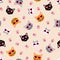 Colorful cool cats with heart sunglasses and paw prints on tan repeat background pattern