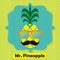 Colorful cool Mr. Pineapple fruit emblem icon on chevron pattern