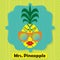 Colorful cool Mrs. Pineapple fruit emblem icon on chevron pattern