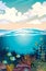 Colorful coral reef with school of fish and sunset sky with cumulus clouds. Vector seascape illustration. Underwater marine