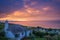 Colorful Cornish sunset over campsite