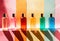 Colorful cosmetic bottles with vibrant reflections on a multicolored striped surface