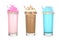 Colorful cotton candy and chocolate summer milkshakes isolated on a white background