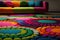 a colorful couch with a lot of pillows on it\\\'s back and a rug on the floor with circles