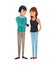 Colorful couple students standing of boy with music player and and girl with wavy hair in casual clothes