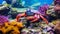 Colorful Crab Hiding Behind Colorful Corals In An Aquarium
