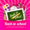 Colorful crayons, magnifier, alarm clock, paint, tablet, rocket pencil idea creativity and other school supplies in pink