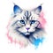 Colorful and creative digital illustration of a cat with striking blue eyes and a dynamic splash. AI generation