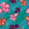 Colorful, creative hawaiian jungle banana and palm leaves with exotic flowers seamless pattern vector