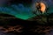colorful creepy dark night backdrop - bokeh background design template 3D illustration soft focus jack-o-lantern concept