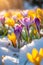 Colorful crocus flowers and grass growing from the melting sun, blue sky and sunshine.