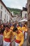 Colorful crowd participating in the `Feast of Ceri`, a traditional event in Gubbio.