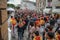 Colorful crowd participating in the `Feast of Ceri`, a traditional event in Gubbio.