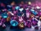 Colorful crystals and gems on a dark background. Decoration for wallpaper desktop, poster, cover booklet