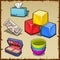 Colorful cube set and tools of the first grader