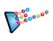 Colorful cubes with the words - Thank you teacher - flying from a tablet