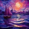Colorful Cubist Sailboat Illustration: Romantic Moonlit Seascapes