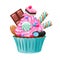 Colorful cupcake decorated with sweets and candies.